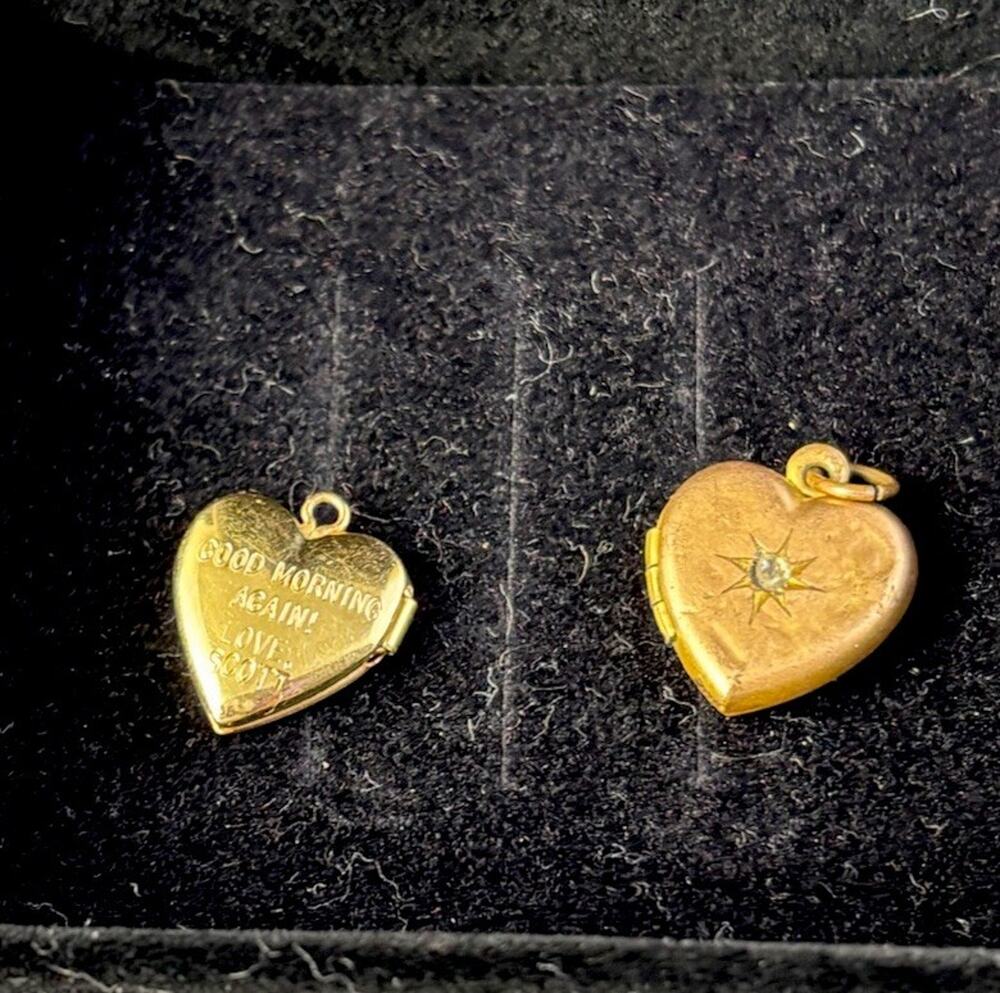 Lot Of 2 Antique BAB & Patent Gold Filled Heart Shaped Lockets 1 Rose 1 Yellow